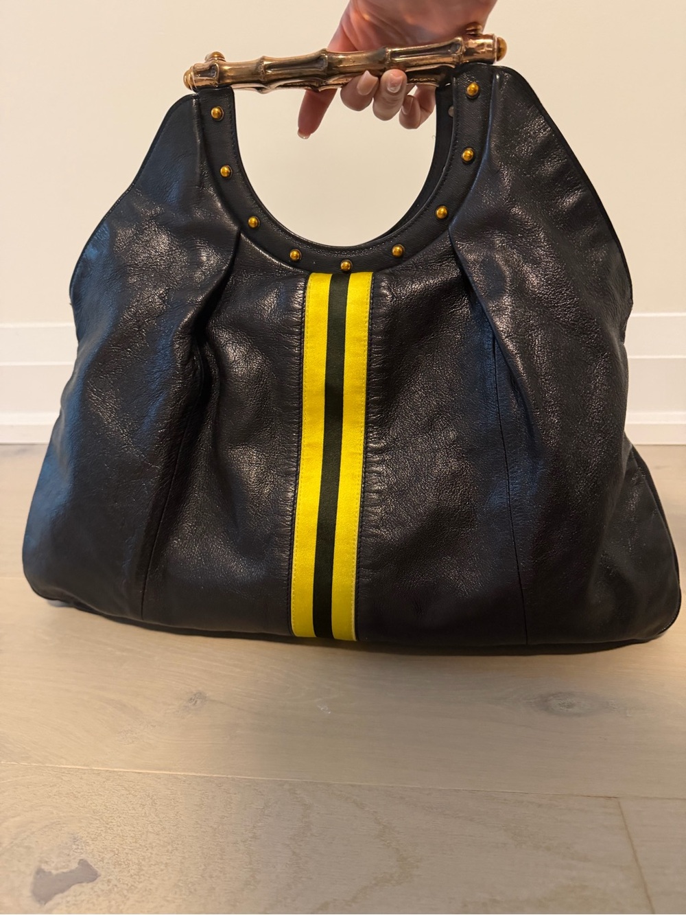 Gucci Black Tote with Yellow Center Stripes and Gold Bamboo Handle